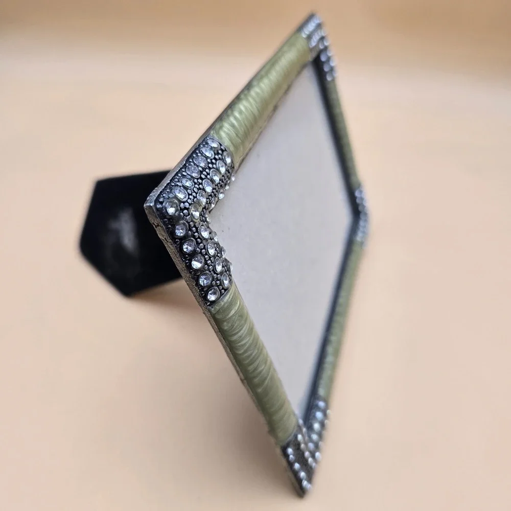 Sage Green Enamel and Rhinestone Picture Frame Vintage Style 4x6 Tabletop Decor - Picture 5 of 16